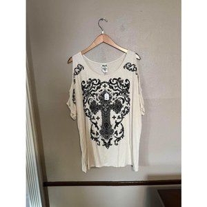 New. Large Vocal Top. Shoulder Cutouts. Short Sleeve